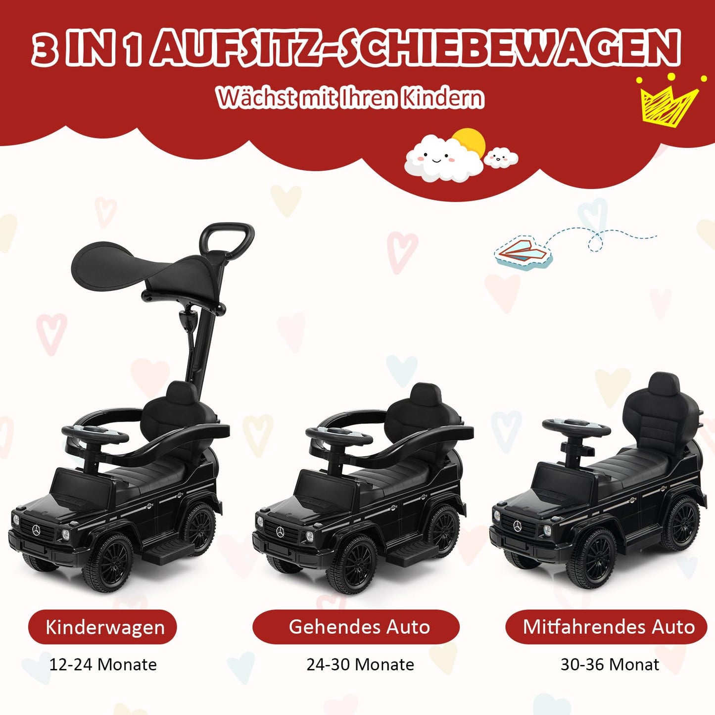 COSTWAY Mercedes Benz Ride-on Car, 3 in 1 Push Car with Sunshade & Storage & Removable Guardrail & Push Handle, Ride-On Vehicle with Engine Sound & Horn, for Kids 1 Year and Up (Black)