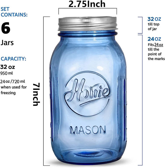Tebery 6 Pack 32oz Blue Mason Jars with airtight lids & bands, 1 Liter Regular Mouth Quart Glass Canning Jar for fermenting, pickling, storage, DIY crafts & decoration.