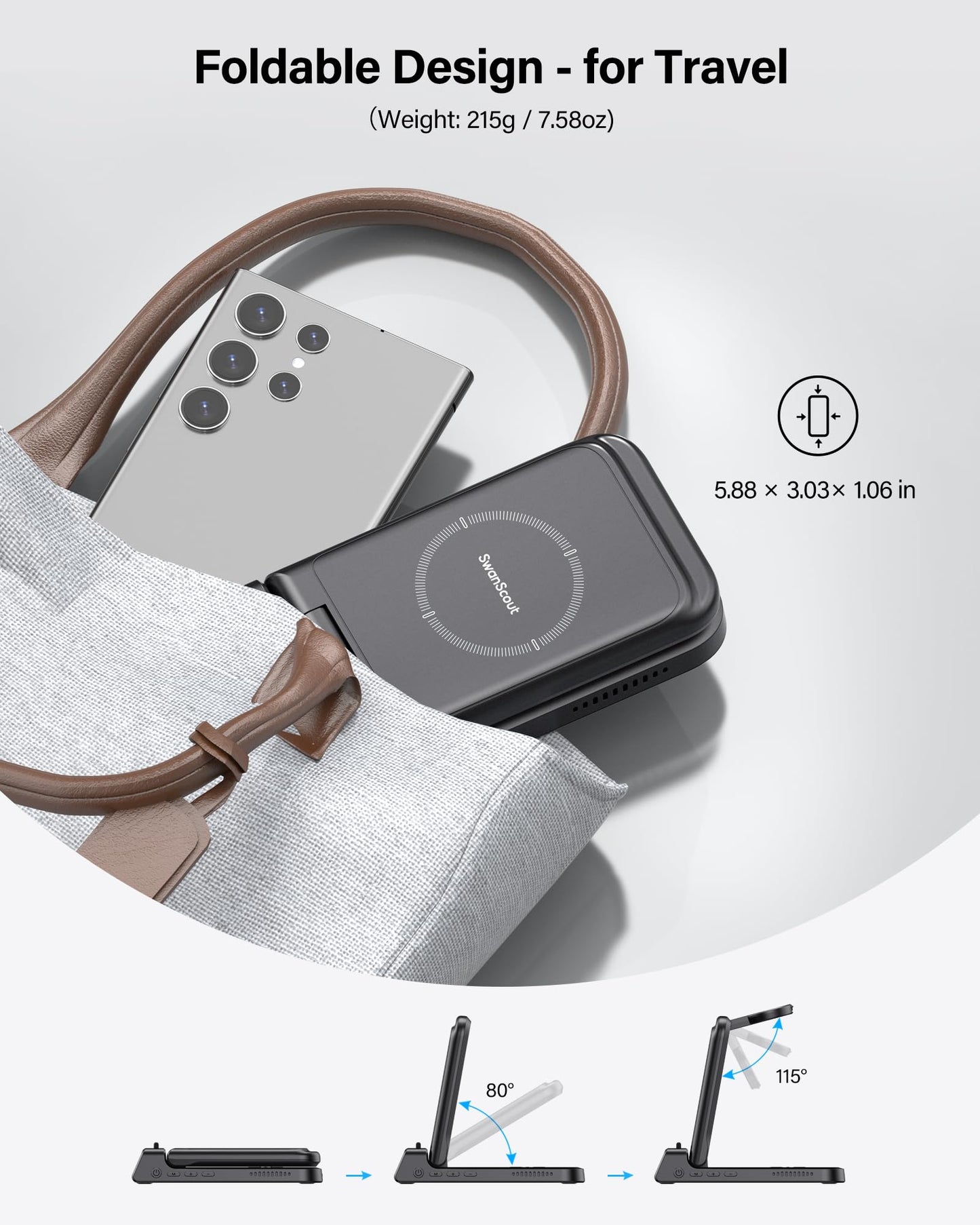 Inductive charging station for Samsung S25/Watch 8/8 Classic, SwanScout 703S, 3 in 1 Wireless Charger for Samsung S25 Ultra/S25+/S24/Fold 7, charger for Galaxy Watch Ultra 2025/7/6/5 & Buds (No Adapter)