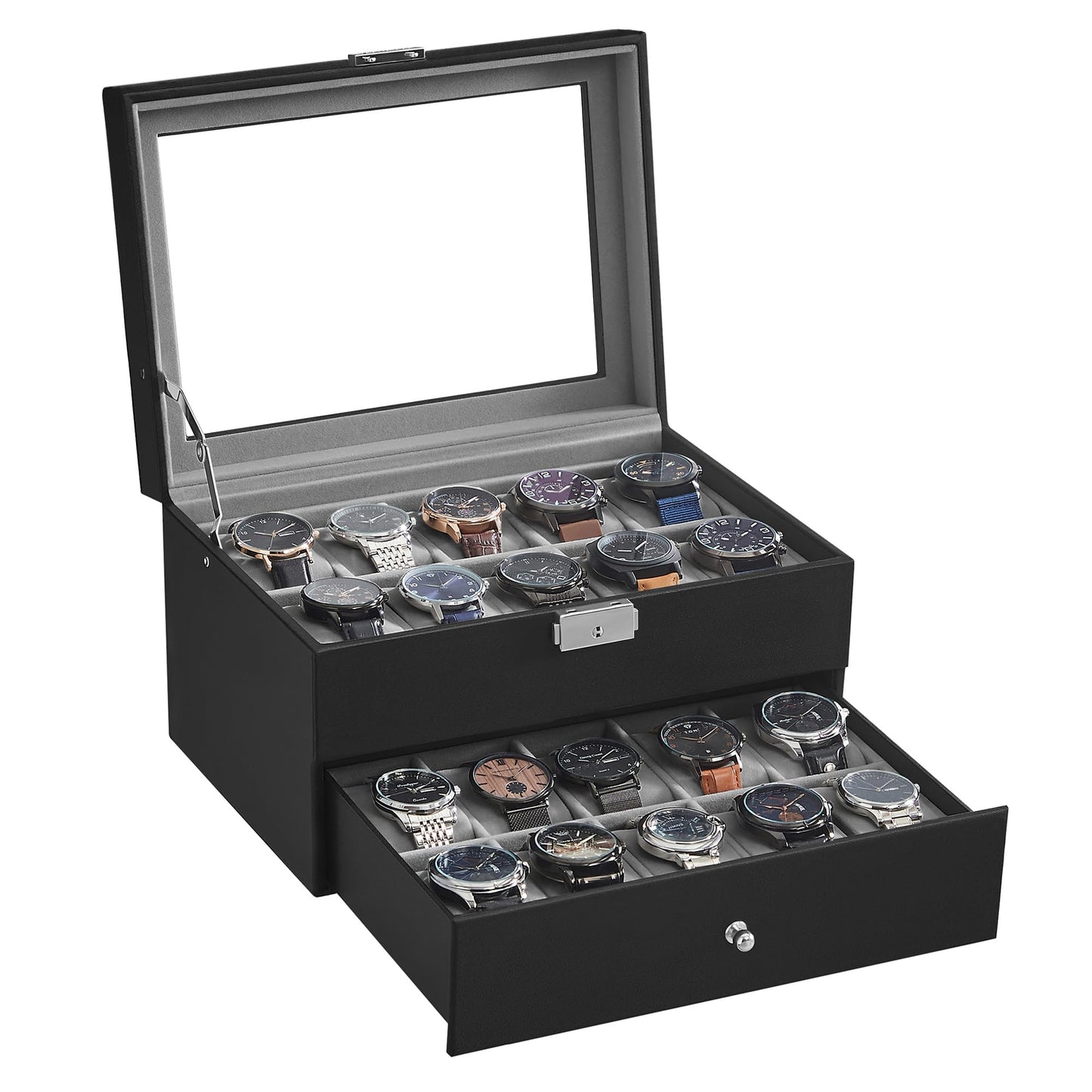 SONGMICS Watch Box, Watch Case with Glass Lid, 2 Levels, Watch Holder with Removable Watch Pillows, Watch Organizer, Gift Idea, PU Cover in Black, Velvet Lining in Grey JWB020