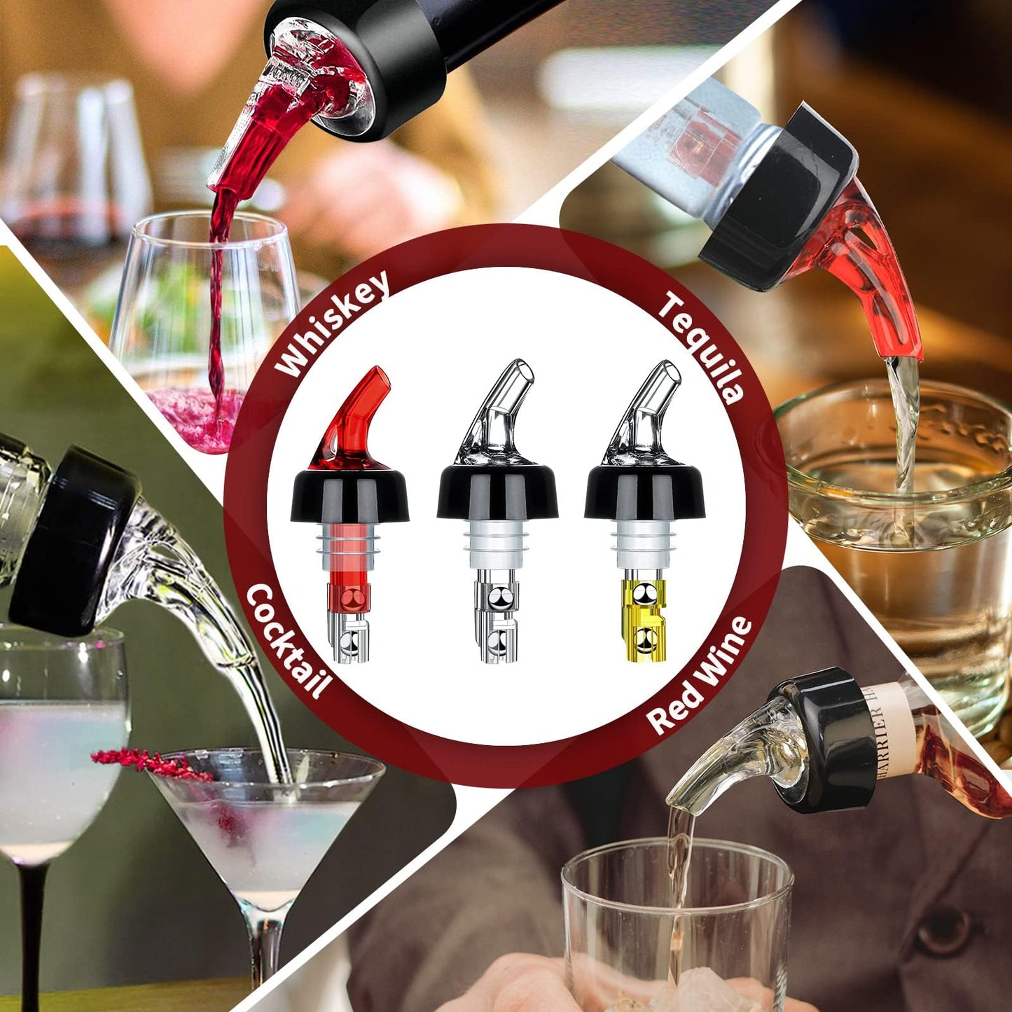 12 pieces of bottle pourer spouts with 3cl portion control and dust cover. Perfect for measuring and pouring cocktails.