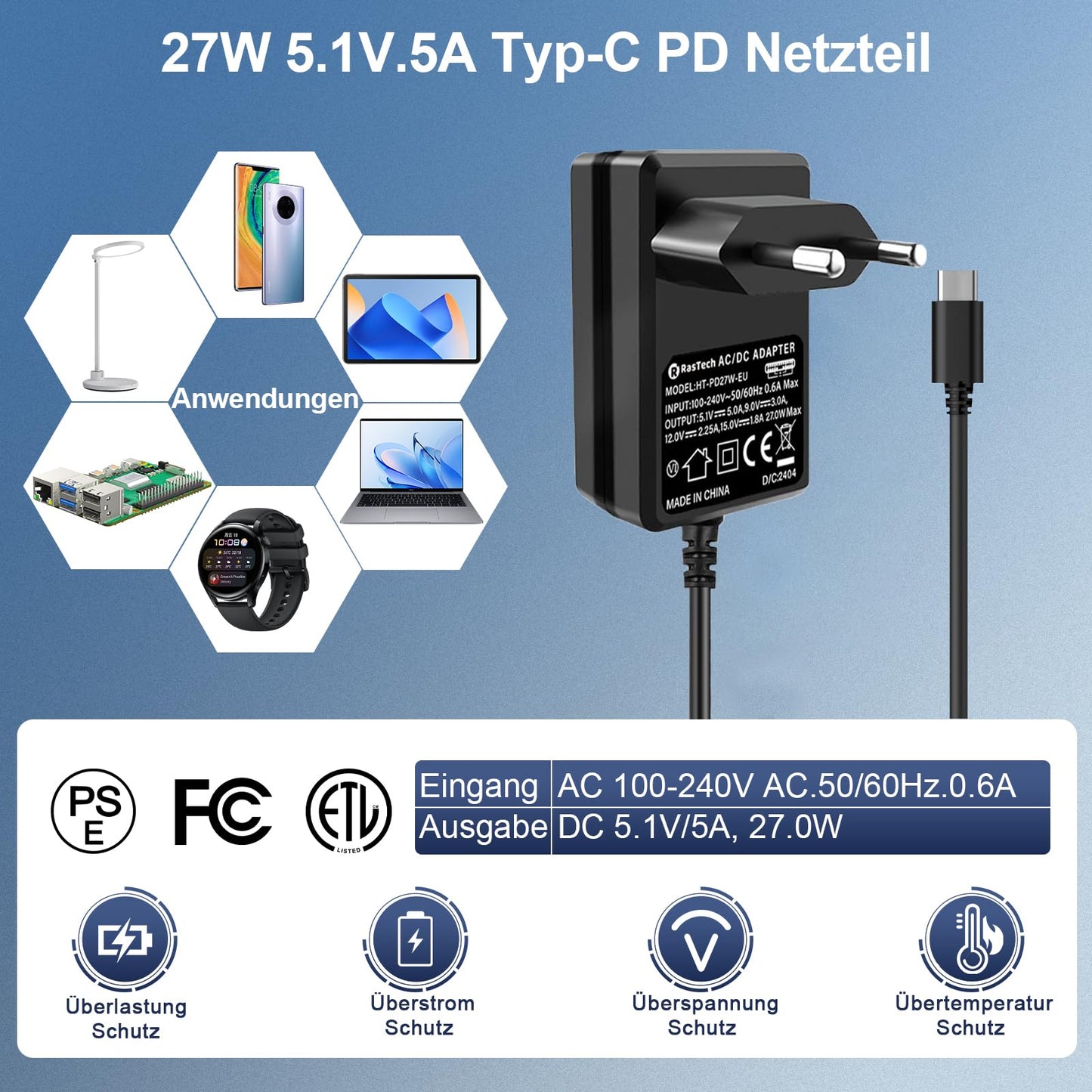 RasTech Raspberry Pi 5 8GB Kit 64GB Edition with Active Cooler, 27W 5.1V5A USB-C power supply, Pi5 8GB board, 64GB card reader kit, Pi 5 case, dual 4K micro HDMI cable, and user manual.