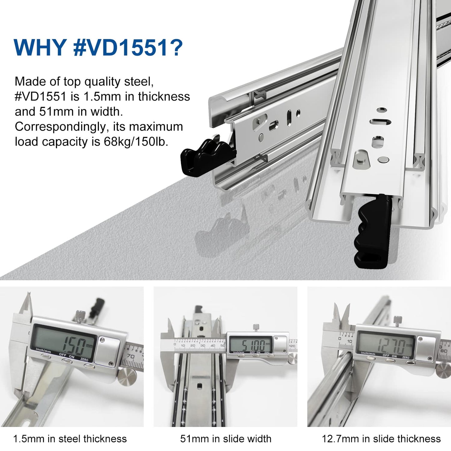 VADANIA drawer slides with lock 700mm, 53kg capacity Heavy duty full extension ball bearing Side mount #VD1551, 1 pair