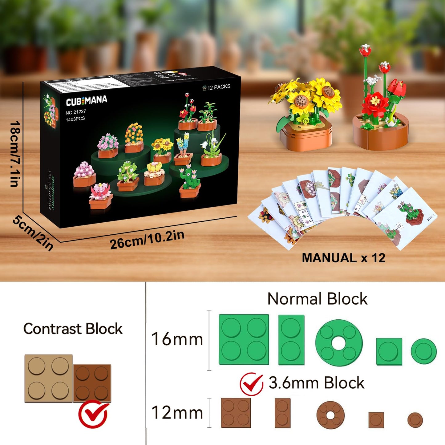 12 flower succulents 3.6MM mini kits - 1403 pieces Botanical set, office & home decor, flower plants, bonsai building toys, creative construction project for adults, gifts for women, children 10+