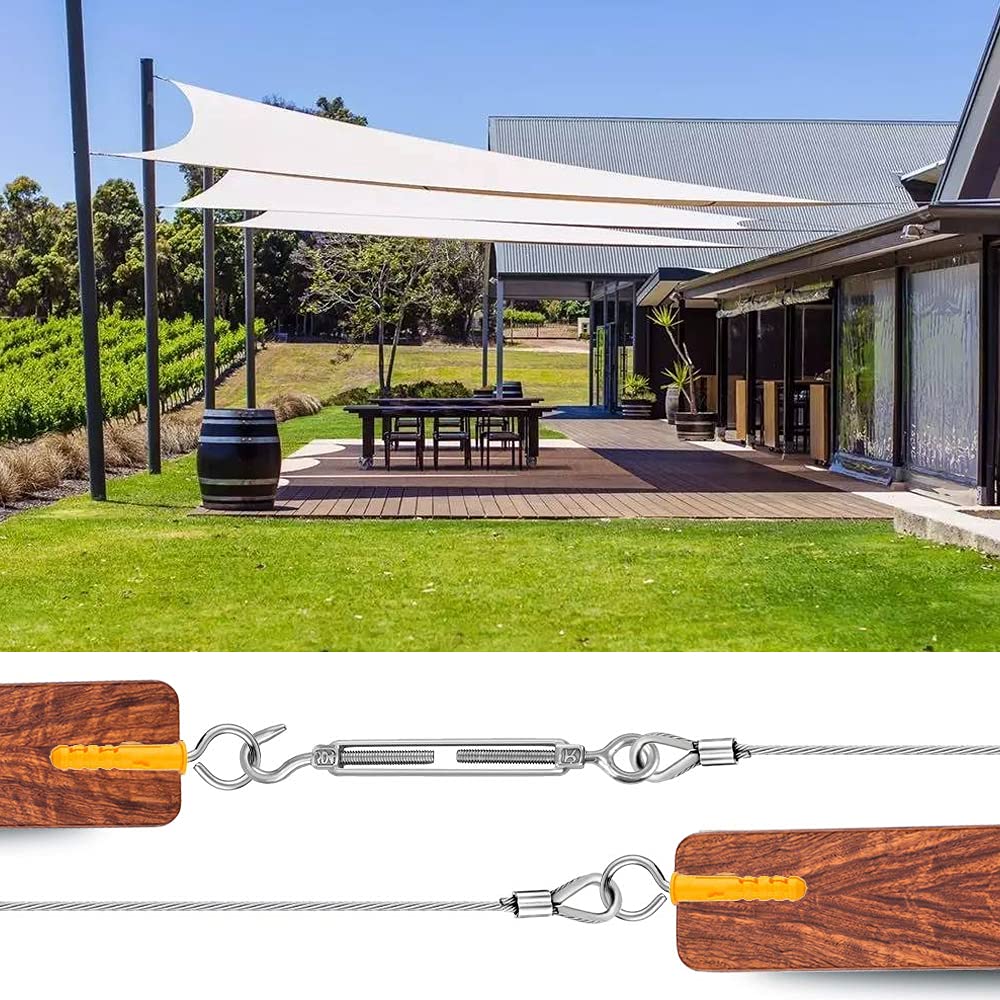 304 stainless steel wire rope set, wire rope suspension, tensioner with wire rope PVC coated, outdoor lights hanging, clothesline, stair railing, trellises and climbing aids (50m)