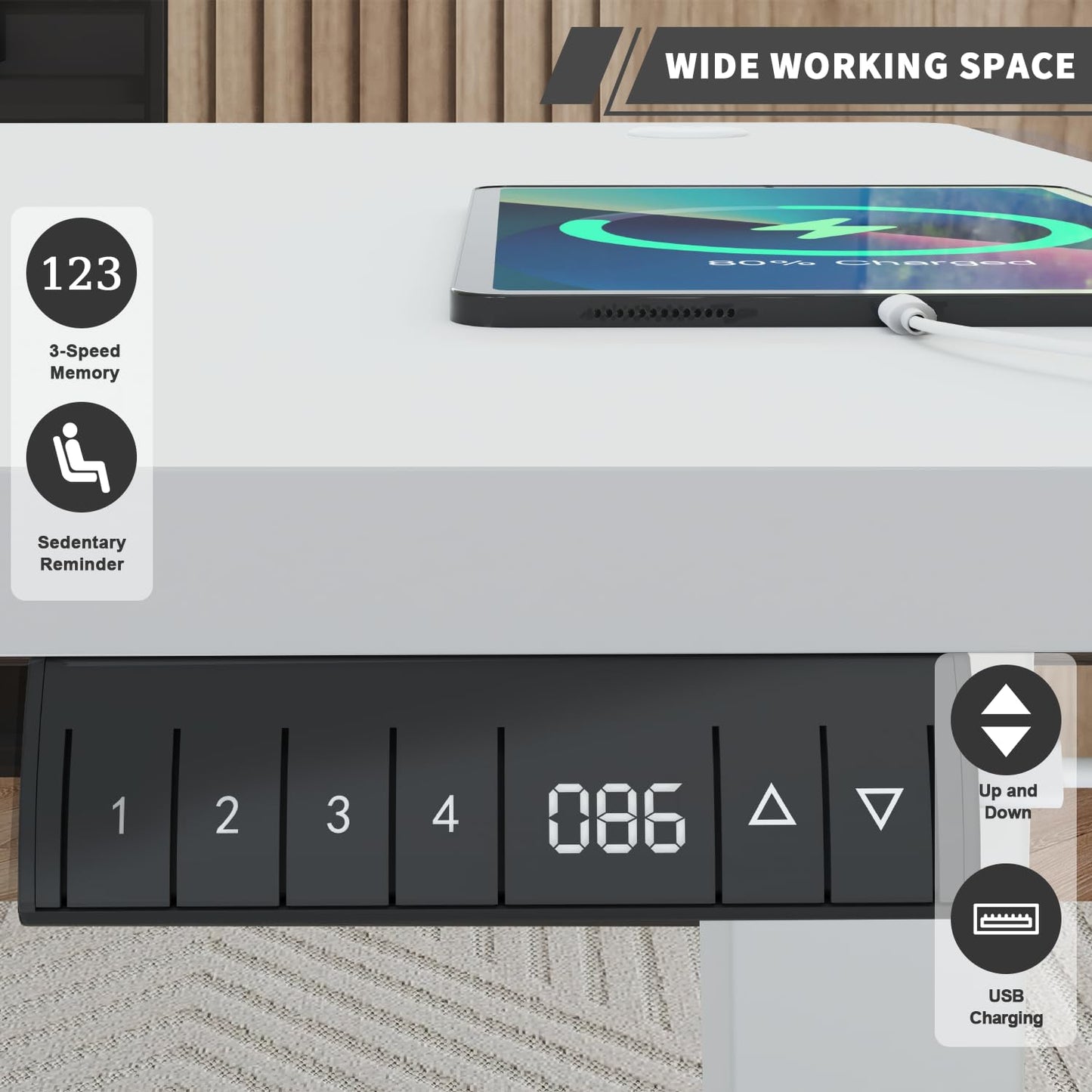 JUMMICO adjustable desk 180 x 80 cm with cable tray, Electric height adjustable standing desk with USB outlet, Computer desk, Ergonomic standing-sitting table, Office desk, White