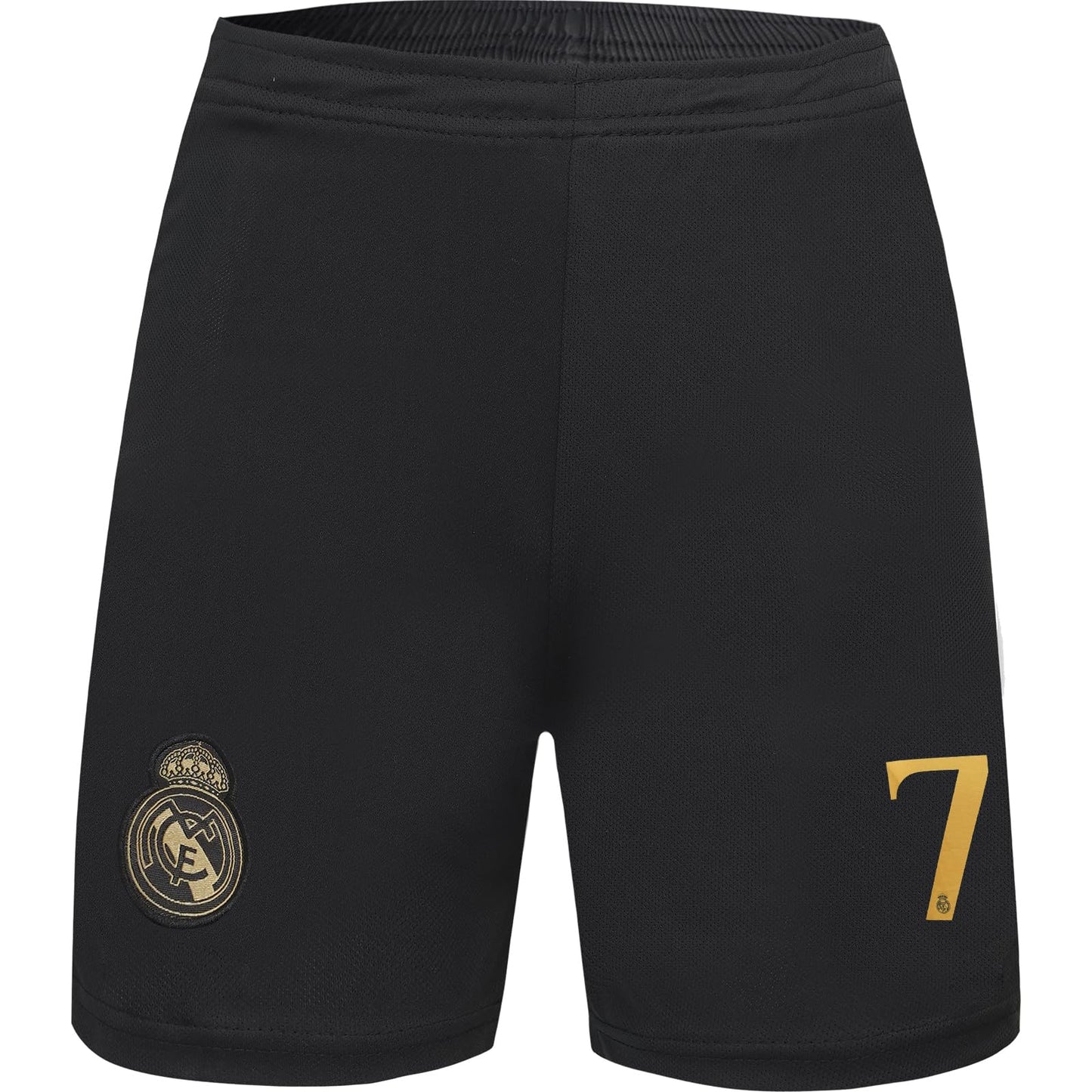 BlackAzat 2023/2024 Madrid #7 Vini Jr. Vinicius Kids Soccer Jersey Special Golddragons Edition, Shorts Socks Youth Sizes (Black, 24)