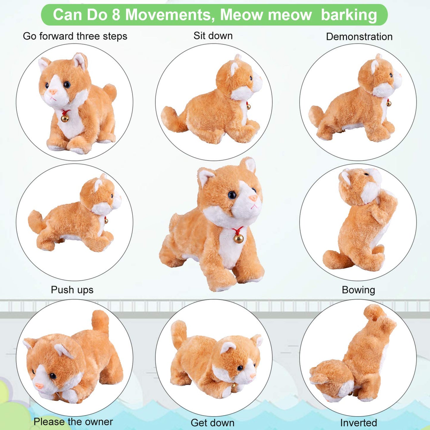 Interactive plush cat toy, interactive cat robot, barking meow, touch control, electronic cat pet, kids, L: 30.5 cm x H: 20.3 cm x W: 12.7 cm.