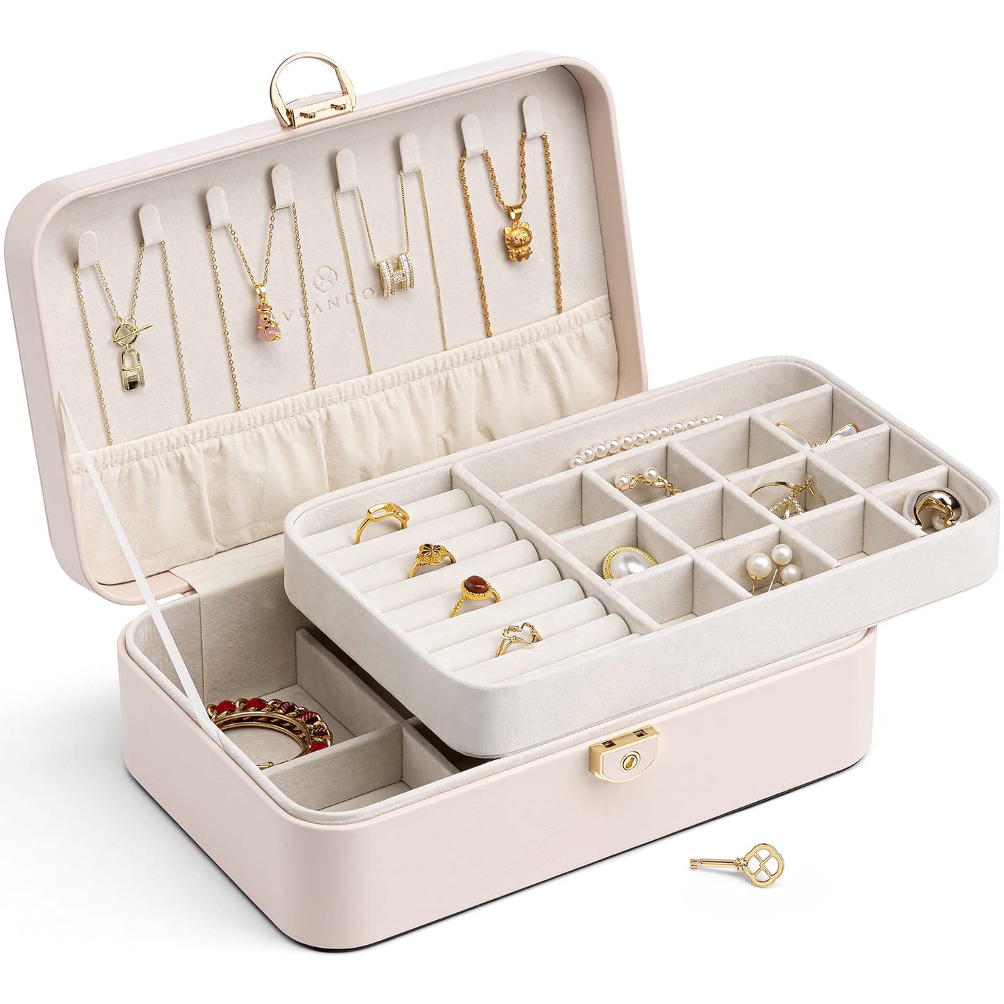 Vlando Jewelry Box for Girls Women, Double-Layer Jewelry Case, Lockable Jewelry Chest, Jewelry Storage Box for Rings Earrings Bracelets Necklaces, Jewelry Organizer.