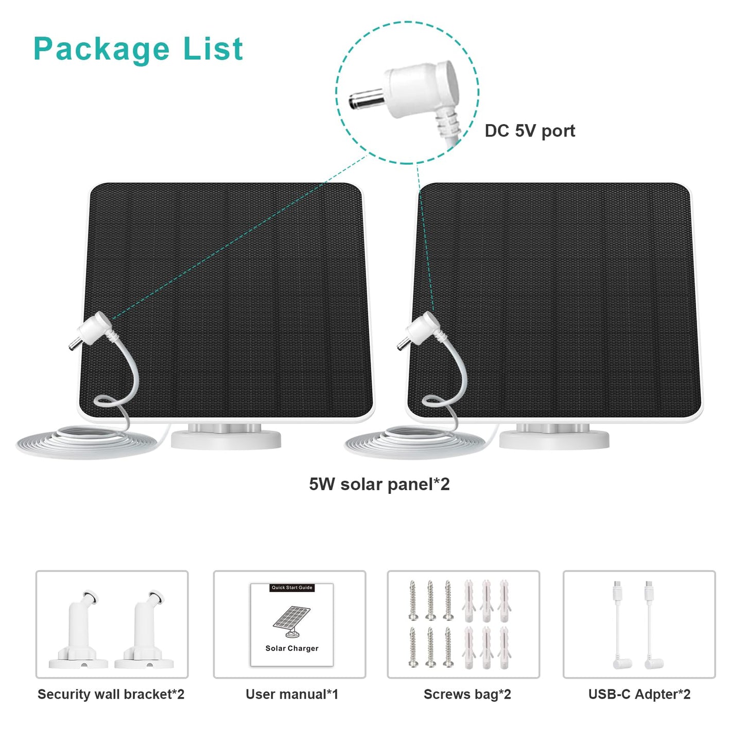 5W solar panel for Ring camera, solar charger compatible with Ring Stick Up Cam/Pro battery, Spotlight Cam Plus/Pro battery. Camera solar panel includes barrel plug to USB-C adapter, pack of 2.