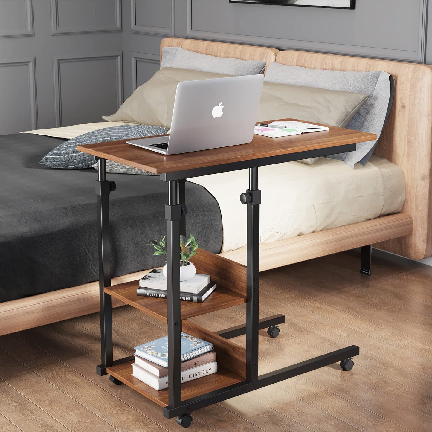 Dripex side table with wheels Adjustable Height Laptop Table Wooden Desk, Sofa Side Table Coffee Table Bedroom, Living Room Dark Brown