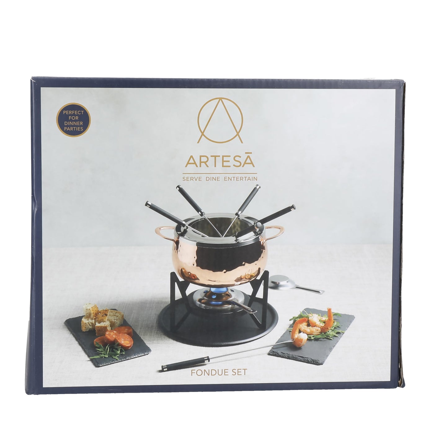 Artesà Fondue Set with 6 forks and stainless steel pot, ceramic bowl, metal stand and burner, for chocolate, cheese, or meat.