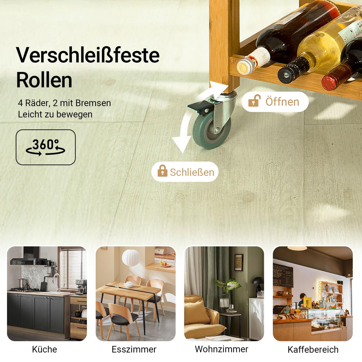 SoBuy bamboo kitchen trolley with wheels - kitchen cart with worktop, wooden side table with foldable shelf, kitchen trolley - ideal as a kitchen island in industrial design 135x92x37cm FKW25-N.