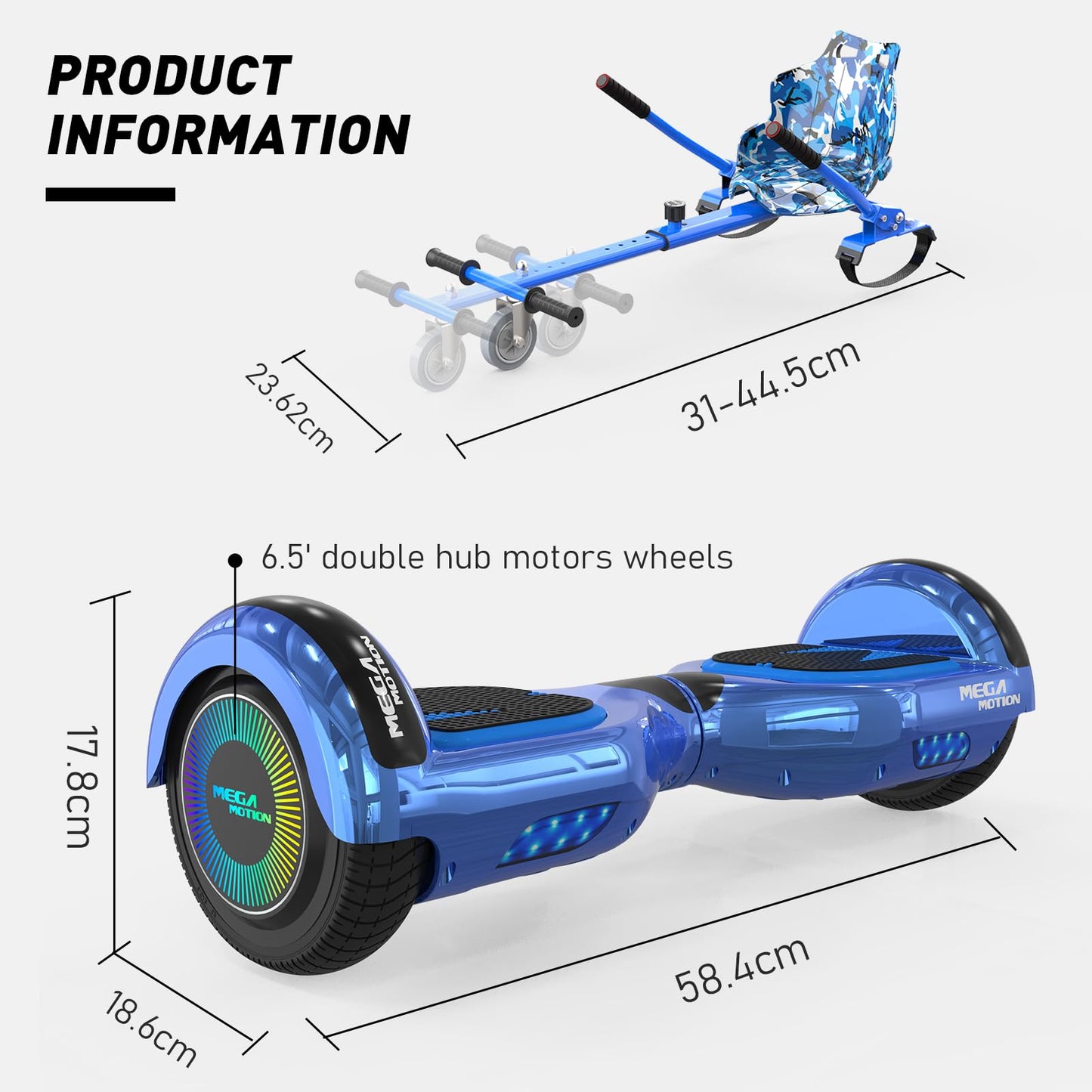 MEGA MOTION Hoverboards with Hoverkart for kids, 6.5 inch hoverboards with Bluetooth speaker, LED lights, perfect gift for kids and teens.