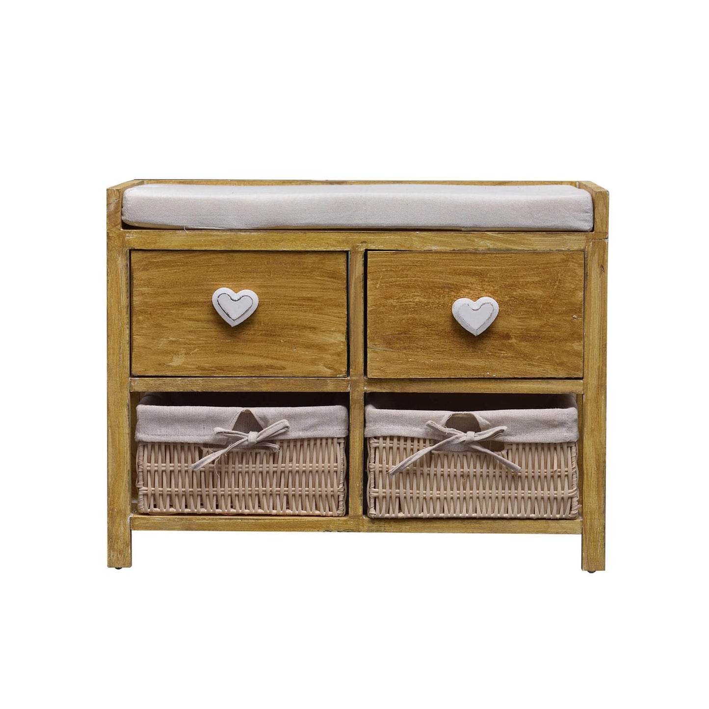 Rebecca wooden bench and wicker baskets, comfortable seat bench with 2 drawers and 2 wicker baskets, beige, shabby chic, for entryway or bedroom - Dimensions: 46 x 60 x 30 cm (HxLxB) - Art. RE4159