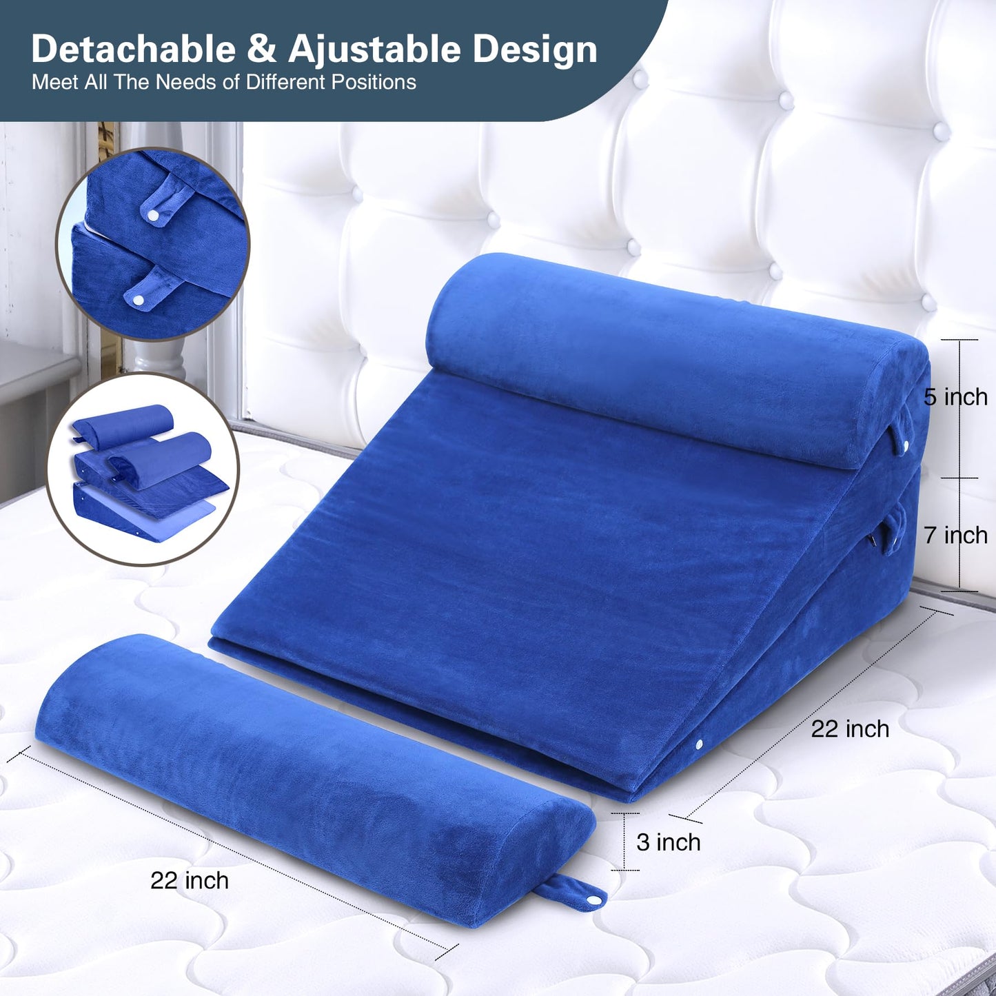 WDBBYL Bed Wedge Pillow Set, 4 pieces, for sleeping, elevation, post-surgery recovery support, acid reflux, GERD, snoring, washable velvet cover, Blue