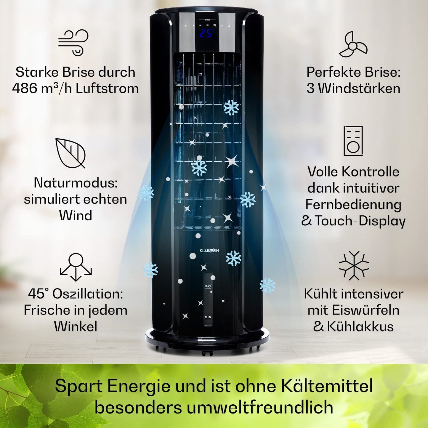 Klarstein air cooler with water cooling, 4-in-1 room cooler, humidifier, fan & night mode, portable air cooler with 3.5L tank & timer, 60W air cooler with 486 m³/h airflow.