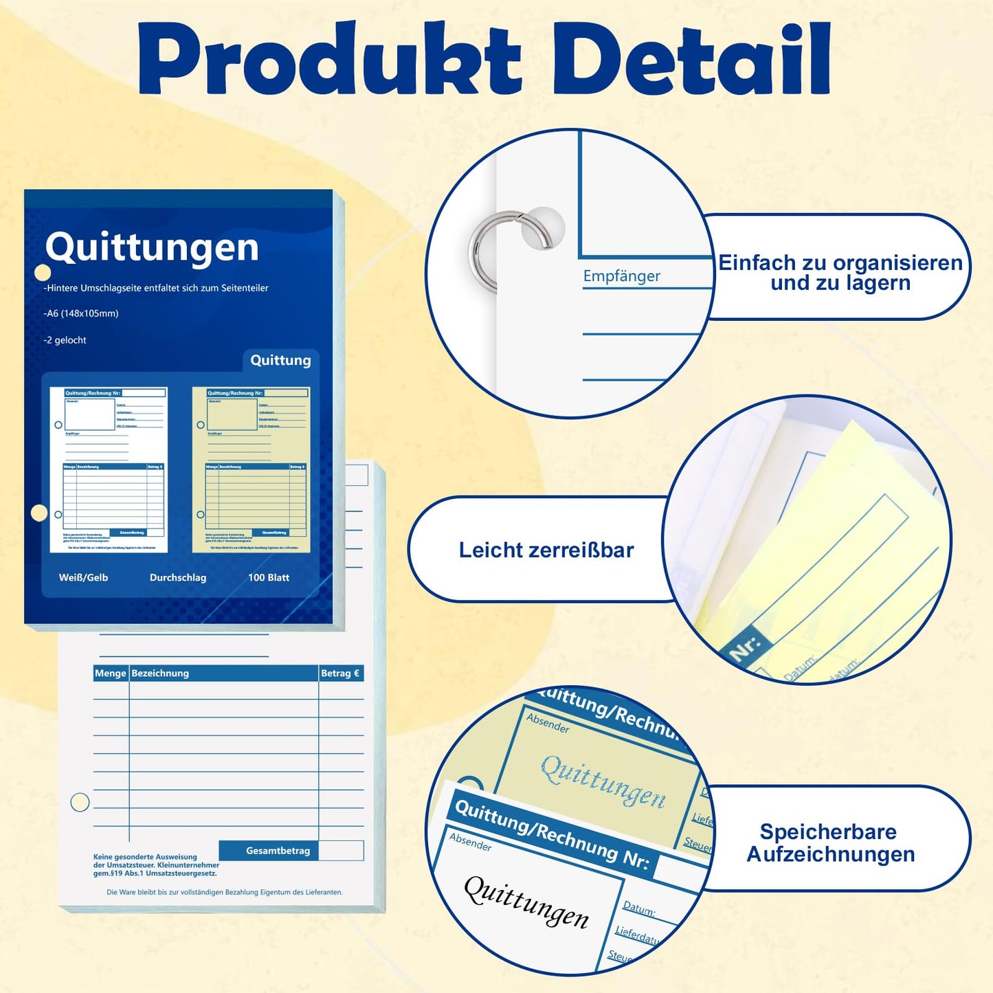 6 pieces of A6 receipt book, carbon copy invoice book for small business owners. 2 x 50 sheets, punched for small businesses, clubs, and freelancers.