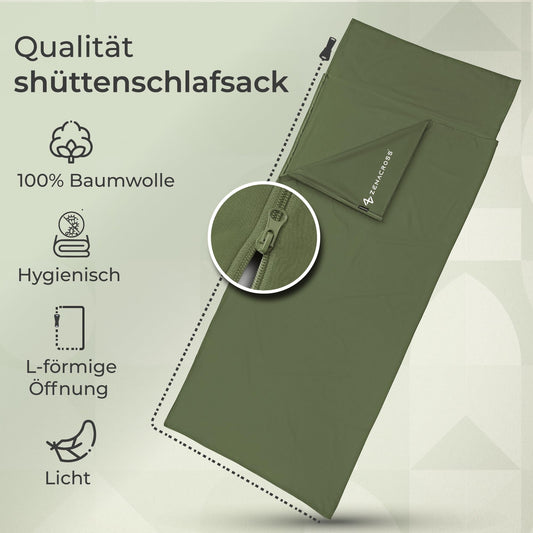 Zenacross - Cotton Sleeping Bag Liner - Ultralight Travel Sheet - Compact Sleeping Bag Liner with Pillow Pocket - Small & Lightweight - Khaki