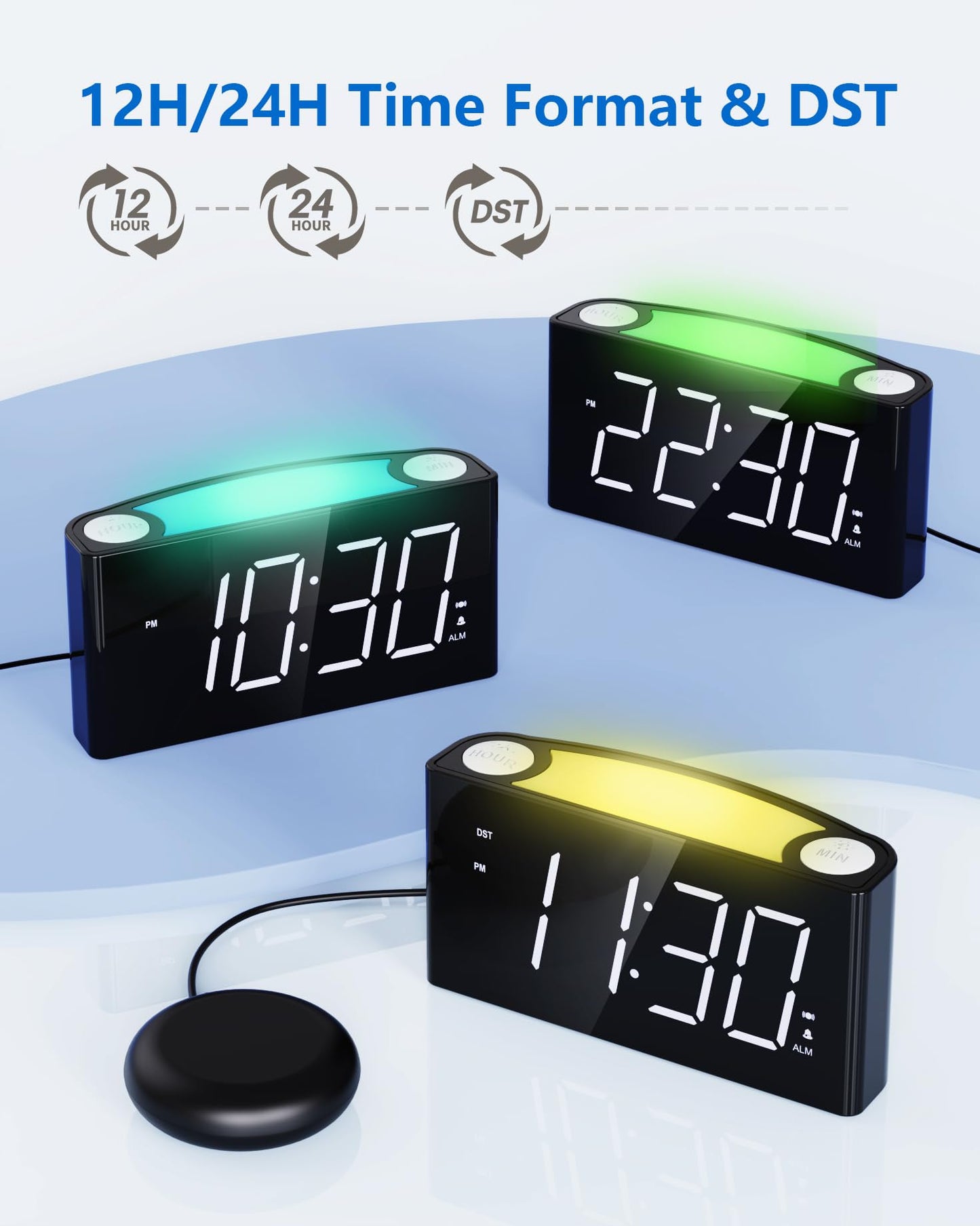 Alarm clock with vibration for deep sleepers & hearing impaired, Type C charger, 12/24 H, loud alarm with 7 ear-piercing levels, large LED display, dimmer, snooze, battery backup, digital alarm clock for bedroom.