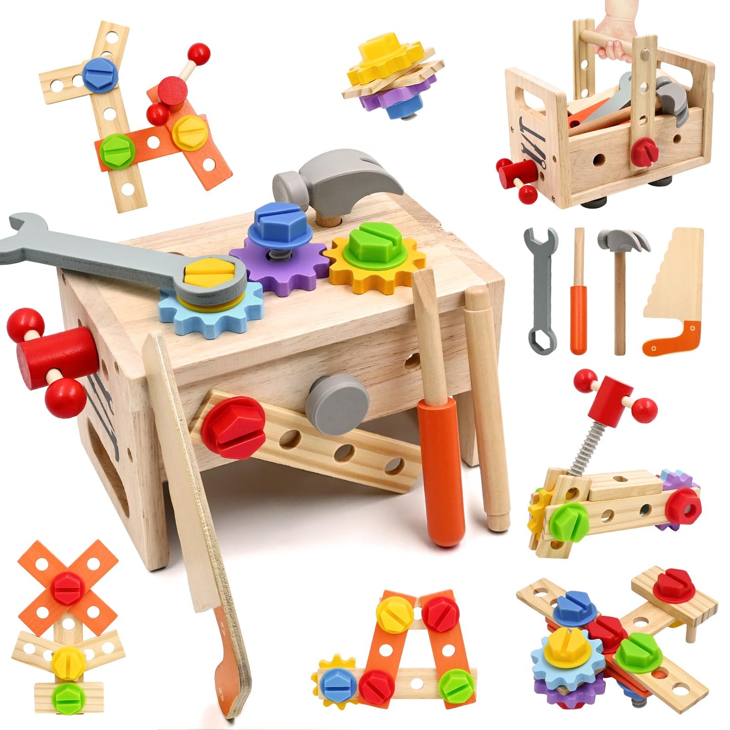 Toolbox for kids 2 3 4 years old, Montessori wooden toy tool set workbench learning games hammering toy screwdriving game gifts for boys girls 3 years old and up