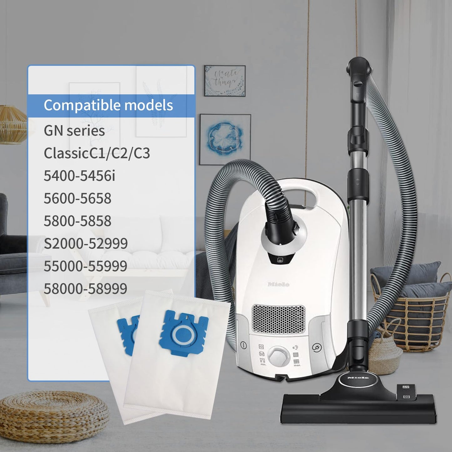 12 GN vacuum cleaner bags 3D dust bags compatible with Miele, GN dust bags compatible for Miele bags 3 HEPA filters 6 microfilters, Complete C2 C3 S2 S5 S8 for S4000, S5000, S6000 & S8000 series.