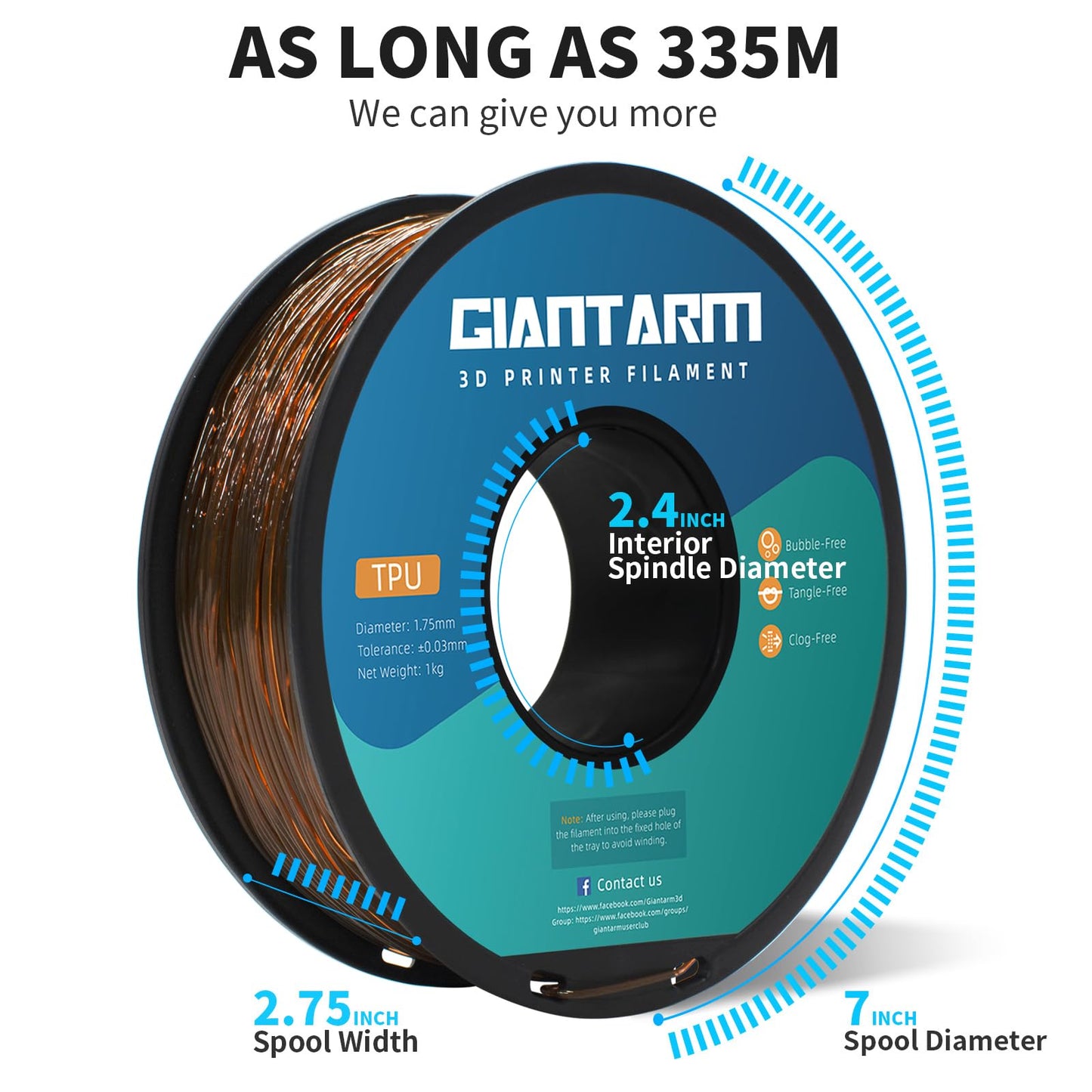 GIANTARM TPU filament 1.75mm for 3D printers 1kg, Transparent Brown