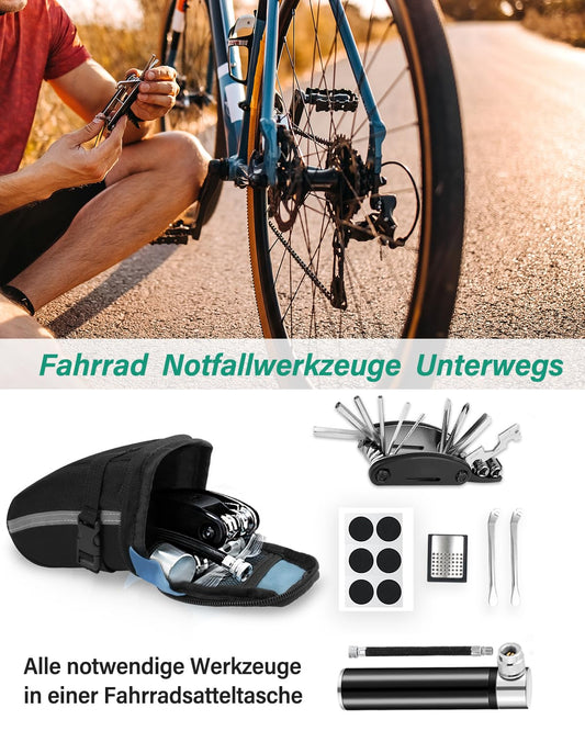 Bike repair kit with saddle bag, 16-in-1 bike multitool + 120 PSI mini air pump, bike tool set for on-the-go, emergency tool patch kit | Tool set for bike, MTB, road bike