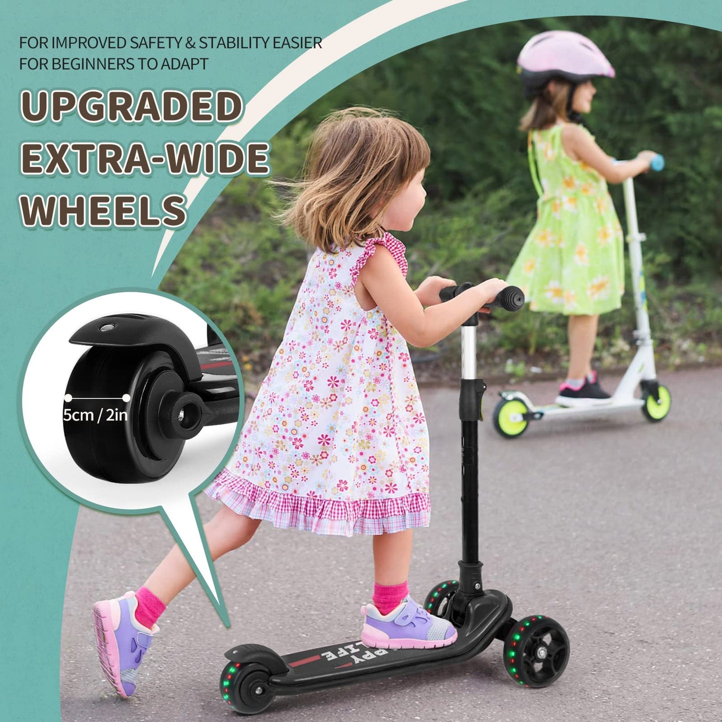 Besrey Kids Scooter, the safe tricycle scooter with PU LED light-up wheels, foldable adjustable height, lightweight with weight capacity up to 50 kg, suitable for toddler boys and girls.