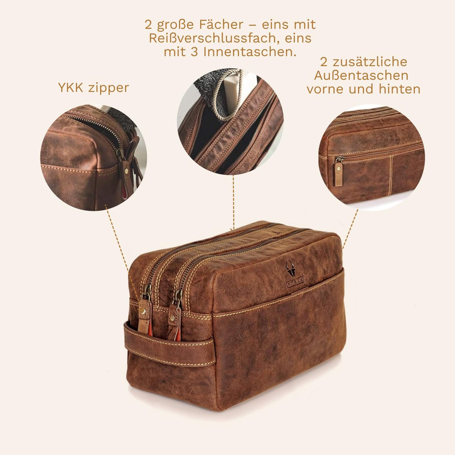 DONBOLSO Culture Bag Stockholm - Leather Cosmetic Bag for Women and Men - Genuine Leather Travel Toiletry Bag and Bath Bag - Practical Makeup Bag with plenty of storage space - Vintage Brown, 15x13x25 cm