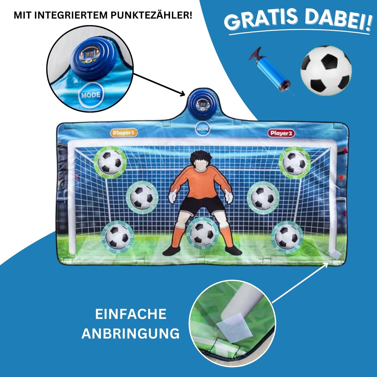 ARZOM - Electro Keeper - Electronic Goal Wall & Soccer Mat with 2 Player Score Counter - Soccer game for indoor & garden - Soccer goal gift for boys & kids - Includes ball & pump