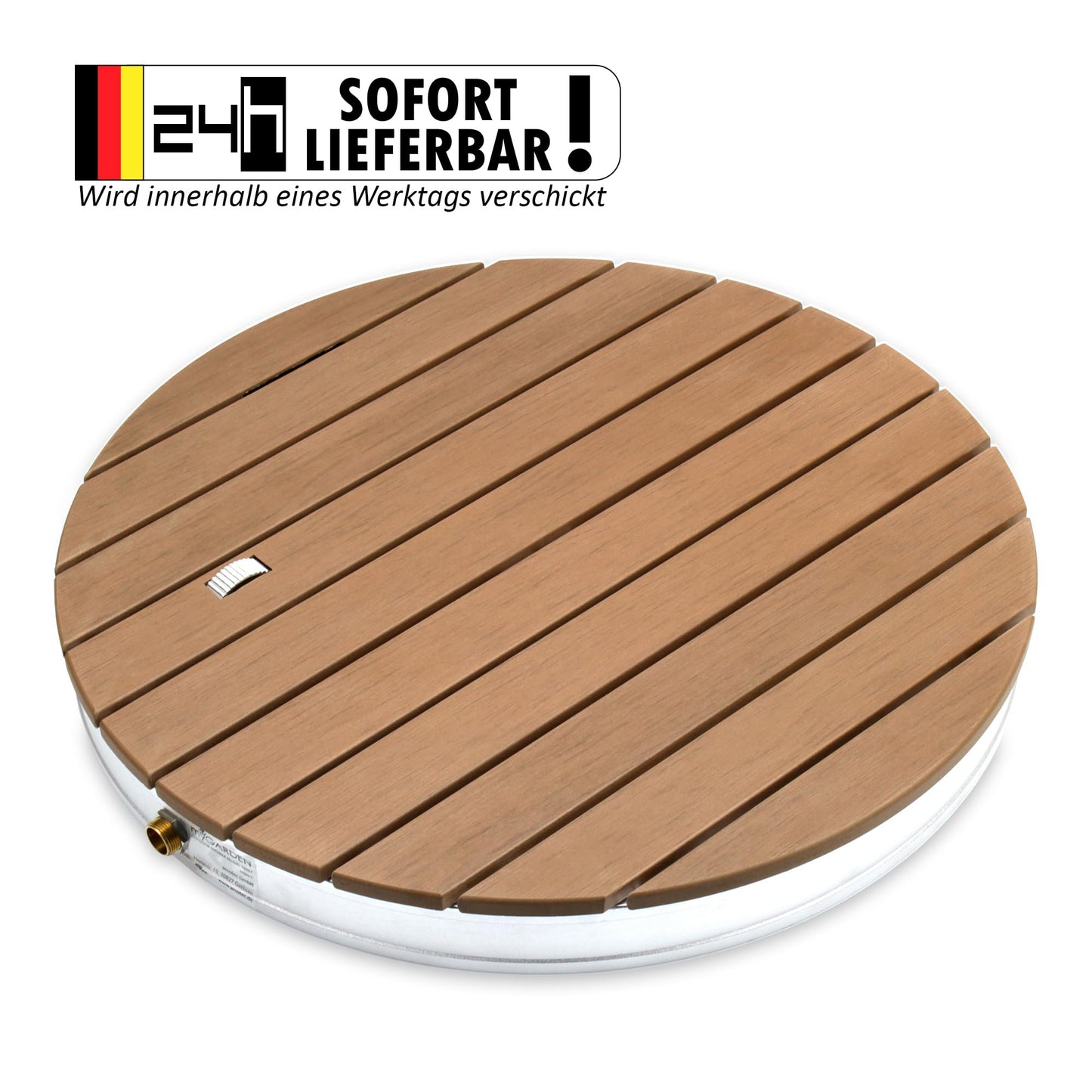 @tec Garden shower Outdoor shower made of WPC, in wood look, Mobile floor shower camping shower, sauna & pool shower with base plate for the garden, Outdoor Shower - round, 70x7.5cm