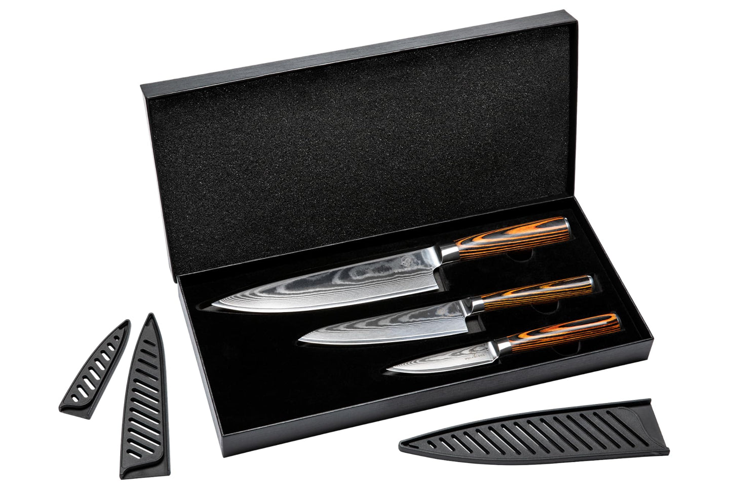 Wolfblood 3-piece Damascus Knife Set (32, 26, and 20cm) Professional kitchen knife set made of genuine 67-layer Damascus steel. Includes Chef's knife, Office knife, wooden handle, gift box, and blade guard.