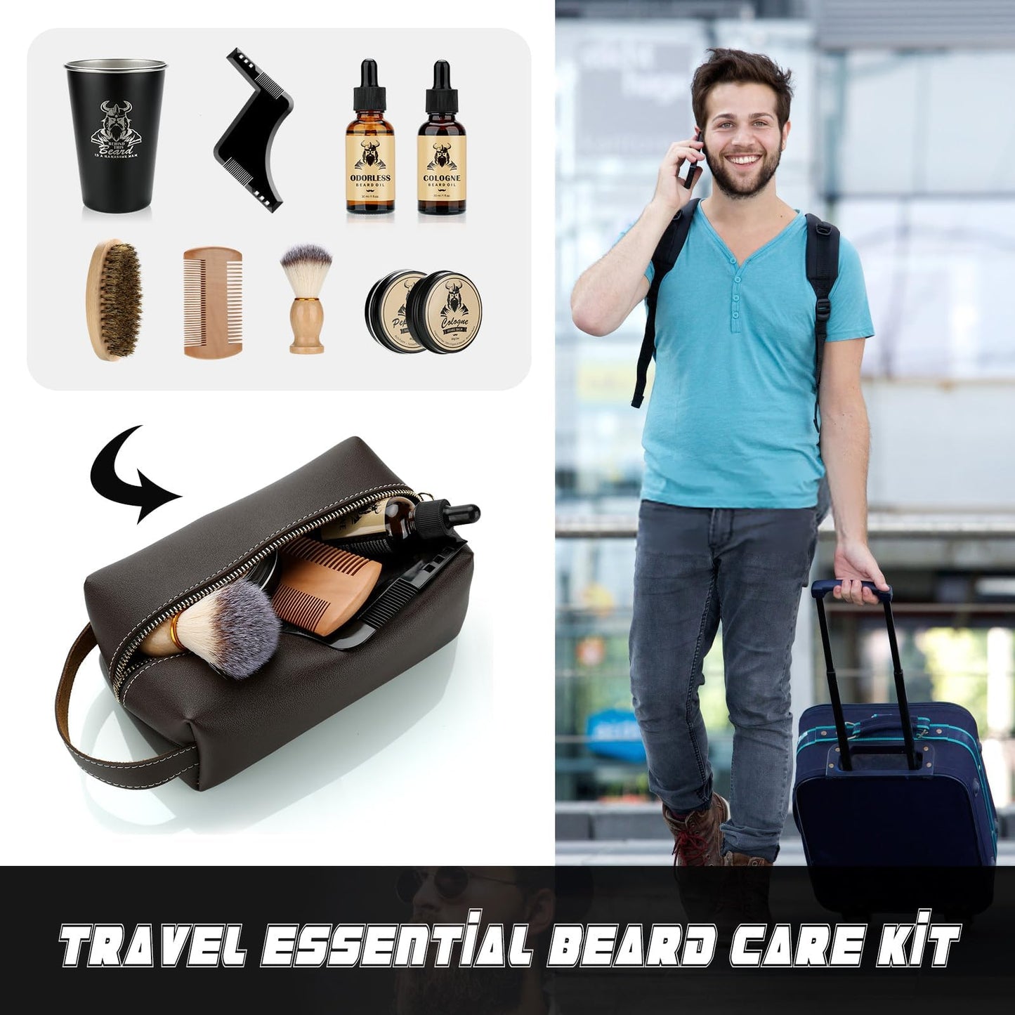 EXREIZST Beard Grooming Kit for Men, Beard Care Set with 2 Beard Oil Beard Balm Beard Comb Beard Brush Beard Stencils Mugs Travel Bag, suitable for birthday gifts for men Him Father Husband Brother Friend