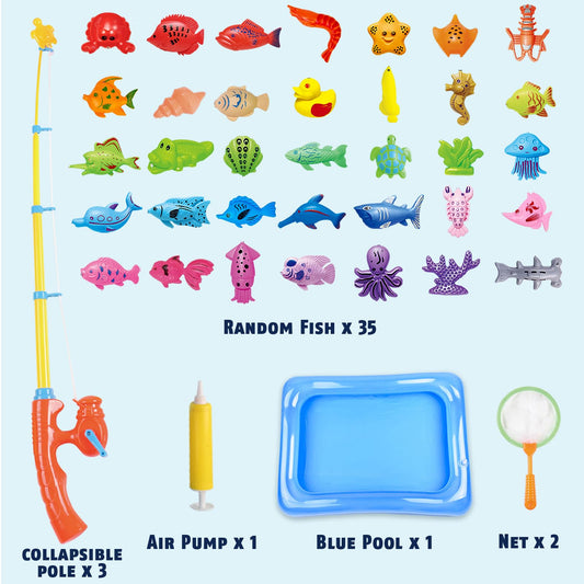 CozyBomB Magnetic Fishing Toy Set for Kids' Bathing, Pool Party with Rod Net, Floating Plastic Fish - Toddler, Educational, Teaching and Learning, Ocean, Sea Animals (X-Large)
