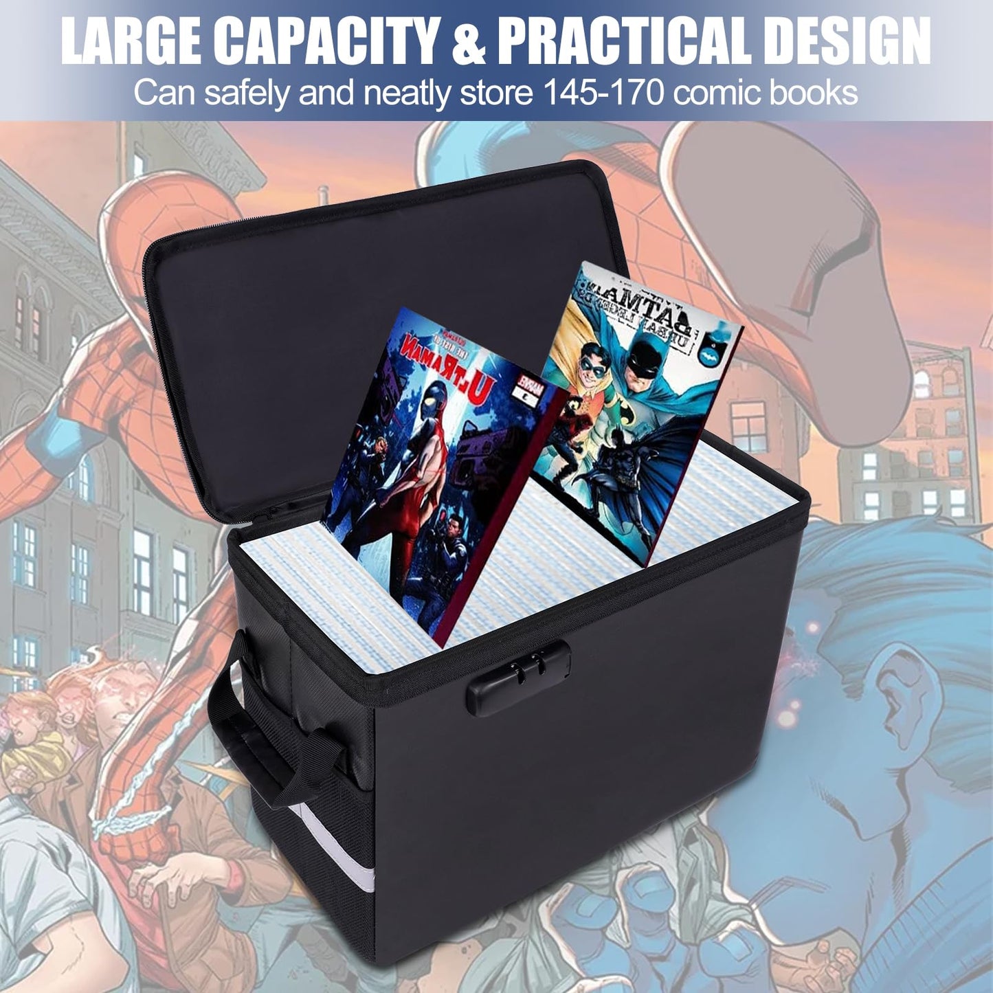 Fireproof comic book storage box 16" X 7.7" X 11.4", waterproof document bag mold and moisture resistant, foldable, lock and zipper, for 150-175 comics