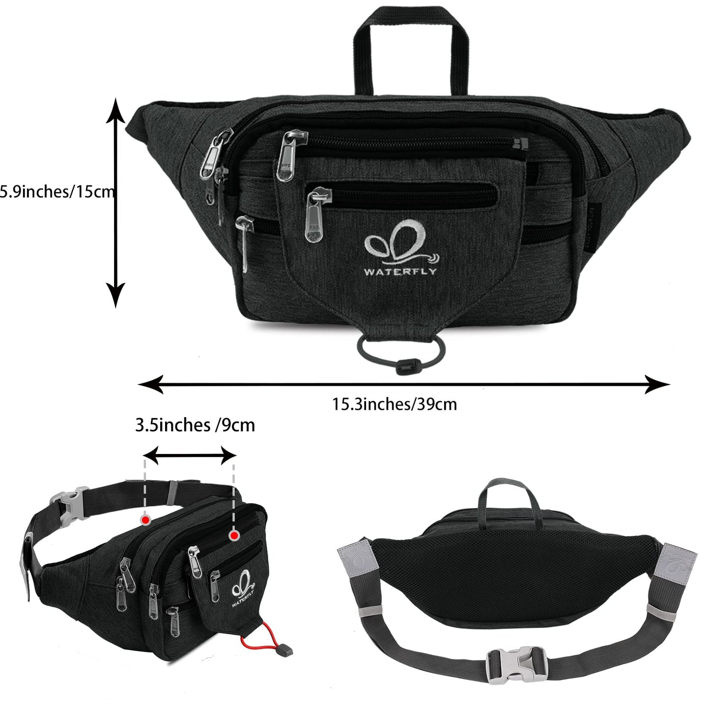 WATERFLY waist bag fanny pack for women and men, suitable for running, fitness, jogging, hiking.