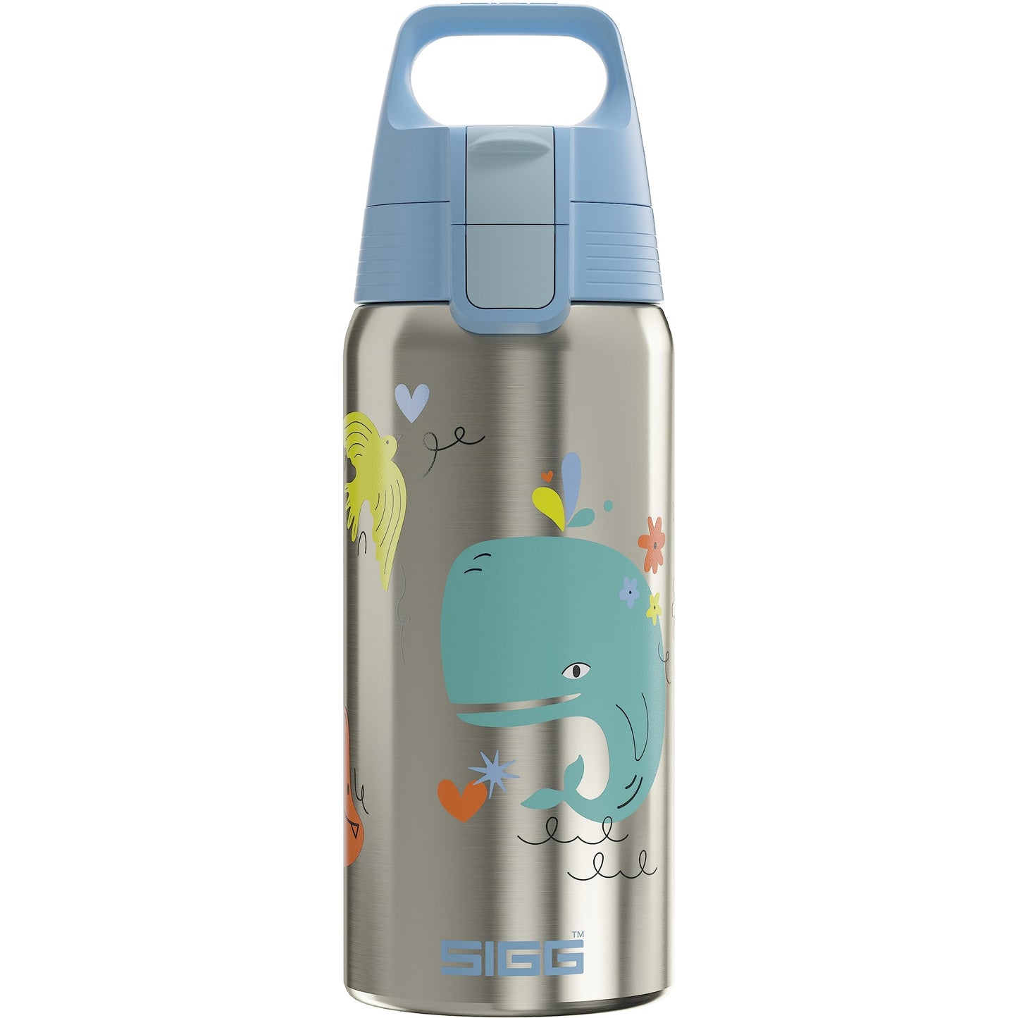 SIGG - Insulated kids water bottle - Shield Therm One Whale Friend - Suitable for carbonated drinks - Leak proof - Dishwasher safe - BPA free - 90% recycled stainless steel - Brushed & Blue with whale - 0.5L