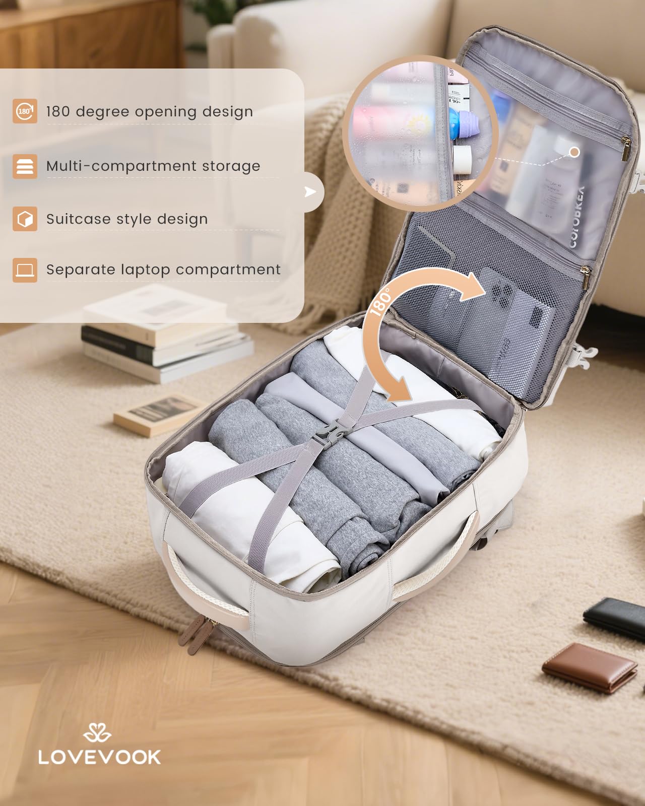 LOVEVOOK carry-on travel backpack set of 4, 40L for women, with wet and dry compartment, 45x36x20cm, fits 17.3 inch laptop. Perfect carry-on luggage for trips.