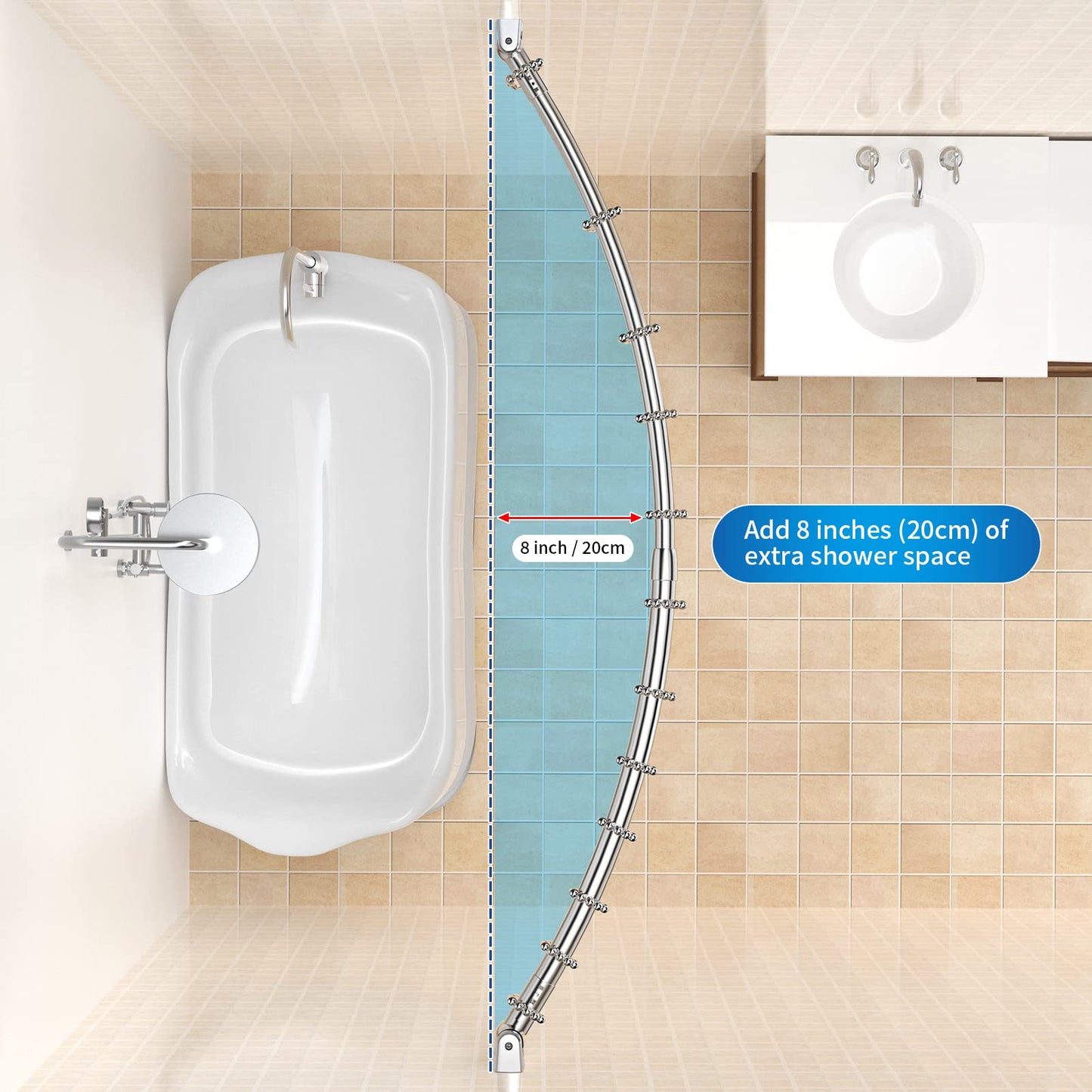 Curved shower curtain rod made of 304 stainless steel, includes 18 stainless steel curtain rings. Telescopic and adjustable from 110 to 180 cm for bathroom and bathtub, easy drill installation.