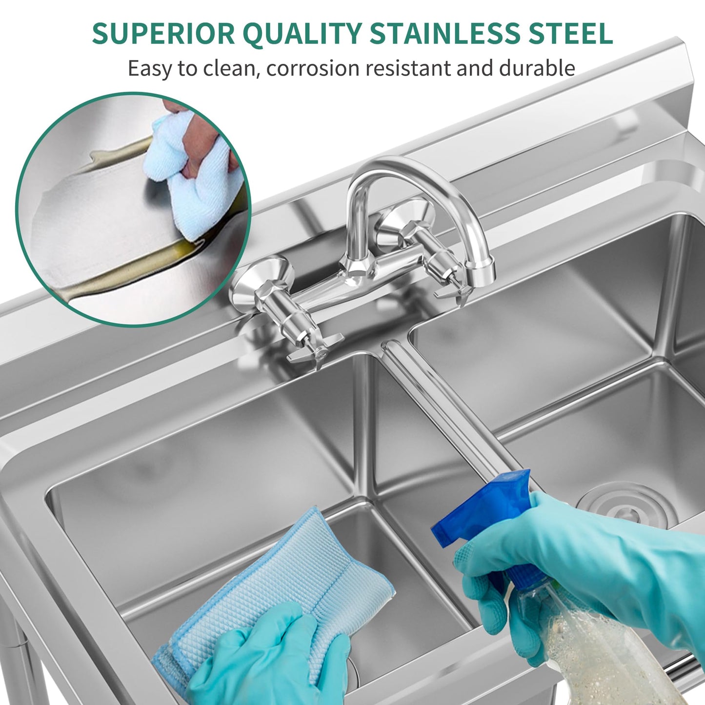 YITAHOME Kitchen Sink, Commercial Restaurant Sink, Portable, Freestanding, Catering Sink, Stainless Steel, Outdoor Double Basin Station, Sink for Hotel, Laundry Room, Basement, Garage