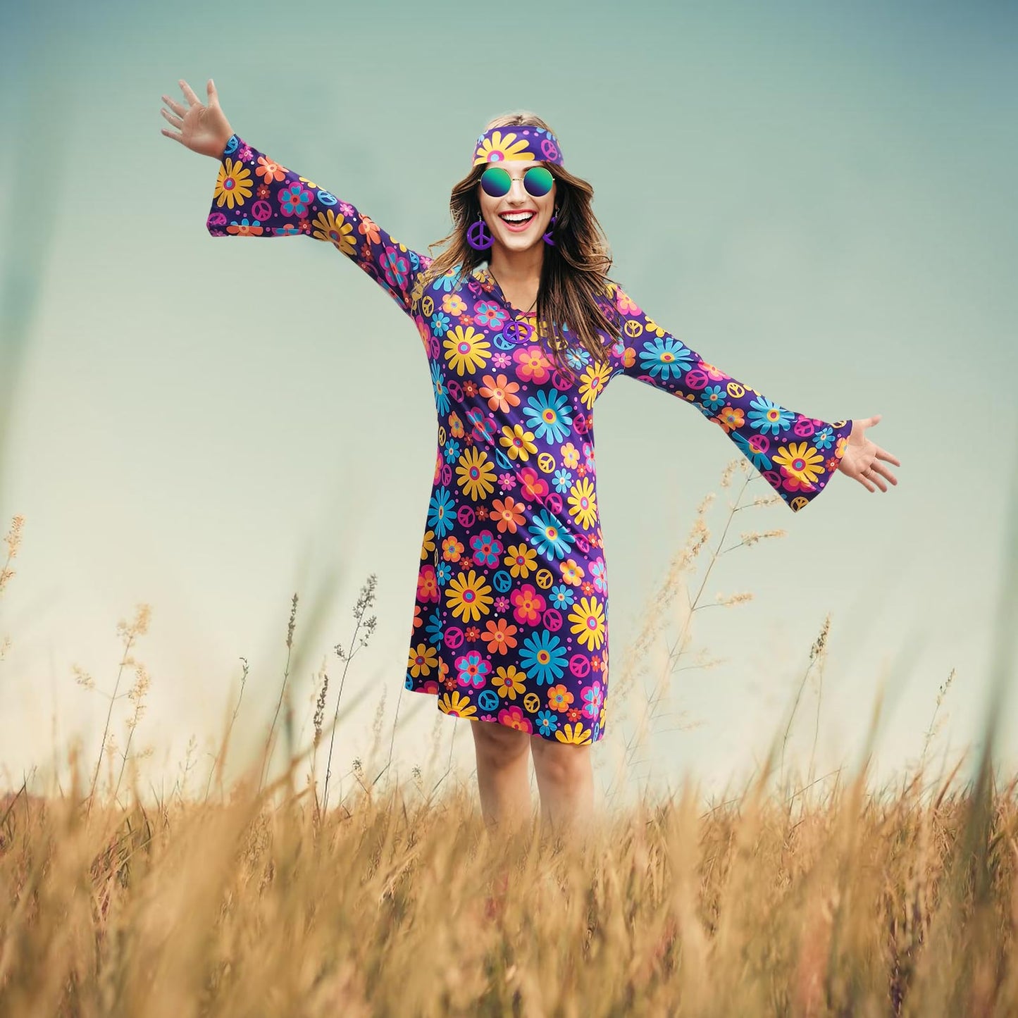 MRYUWB Women's Hippie Dress, 1970s Costume, with Necklace, Earrings, Sunglasses, Disco Outfit, 1960s Party Costume, Halloween Retro Dress, Purple, XXL.