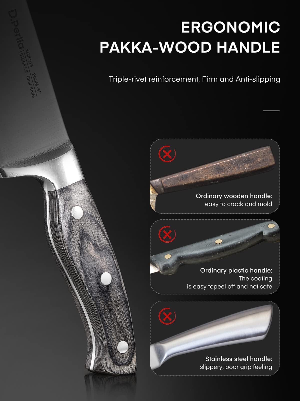 D.Perlla knife block, 16-piece knife set with wooden handles, stainless steel kitchen knives set with wooden block, professional chef's knives with sharpening steel, black. Perfect gift for Mother's Day.