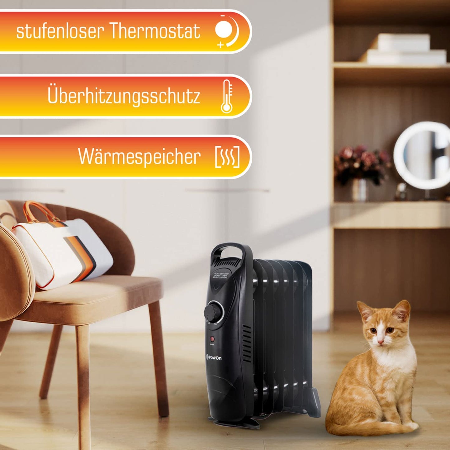 600W Oil Radiator by PowOn with 7 fins - 30x14x38 Electric Heater, Energy-efficient. Great for saving energy, this electric oil radiator offers effective heating for your space.