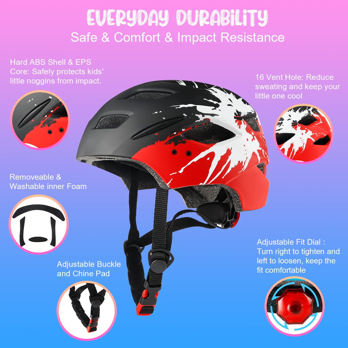 RaMokey Kids Bike Helmet, Bike Helmet with Light for Kids, Lightweight Kids Helmet with Adjustable Dial for Girls and Boys 50-56CM (ages 5-14) (Black+Red)