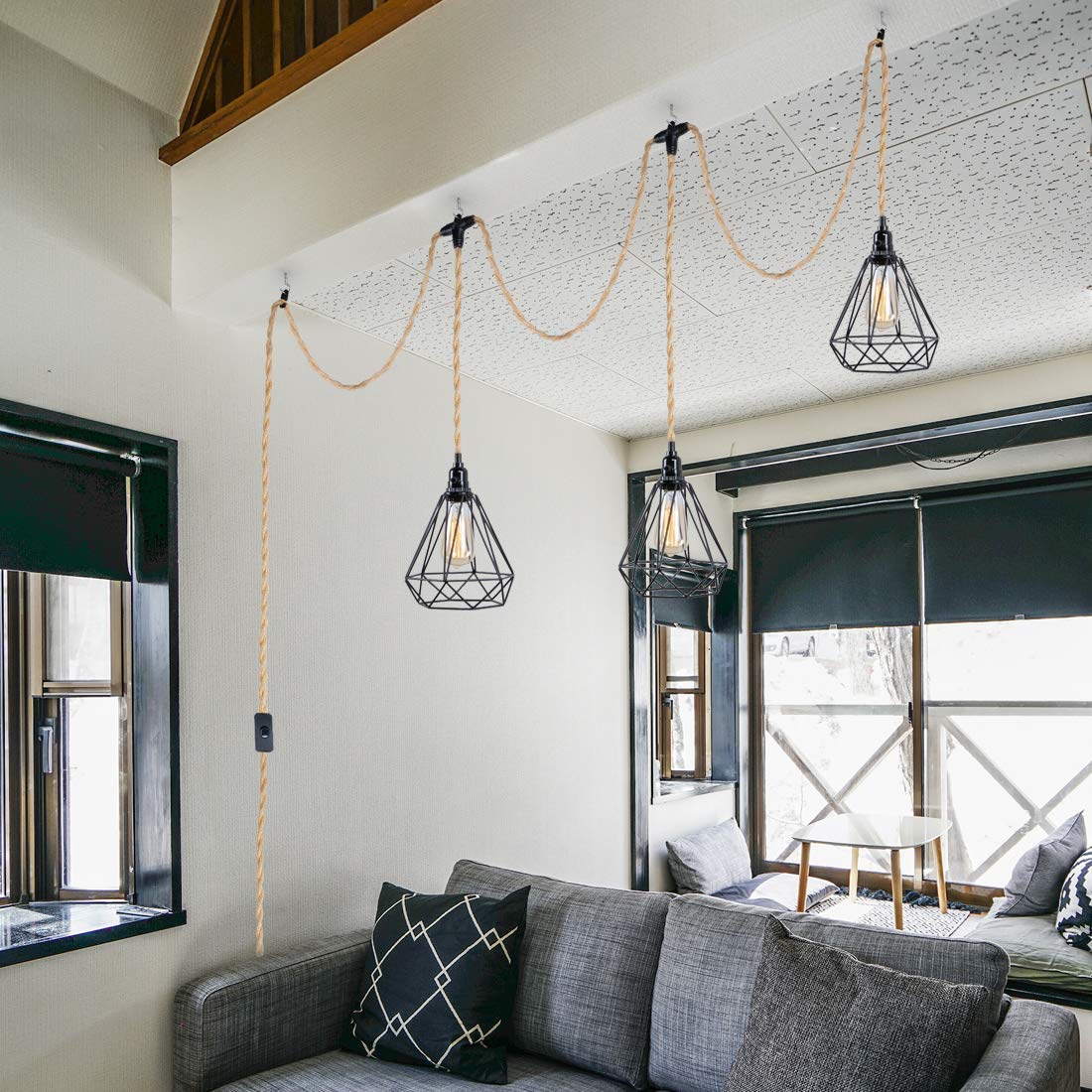 Hemp rope pendant light kit with switch and EU plug, 3 lights hanging lamp E27 socket with 8.5m textile cable vintage industrial pendant light for kitchen dining table, no bulb included.