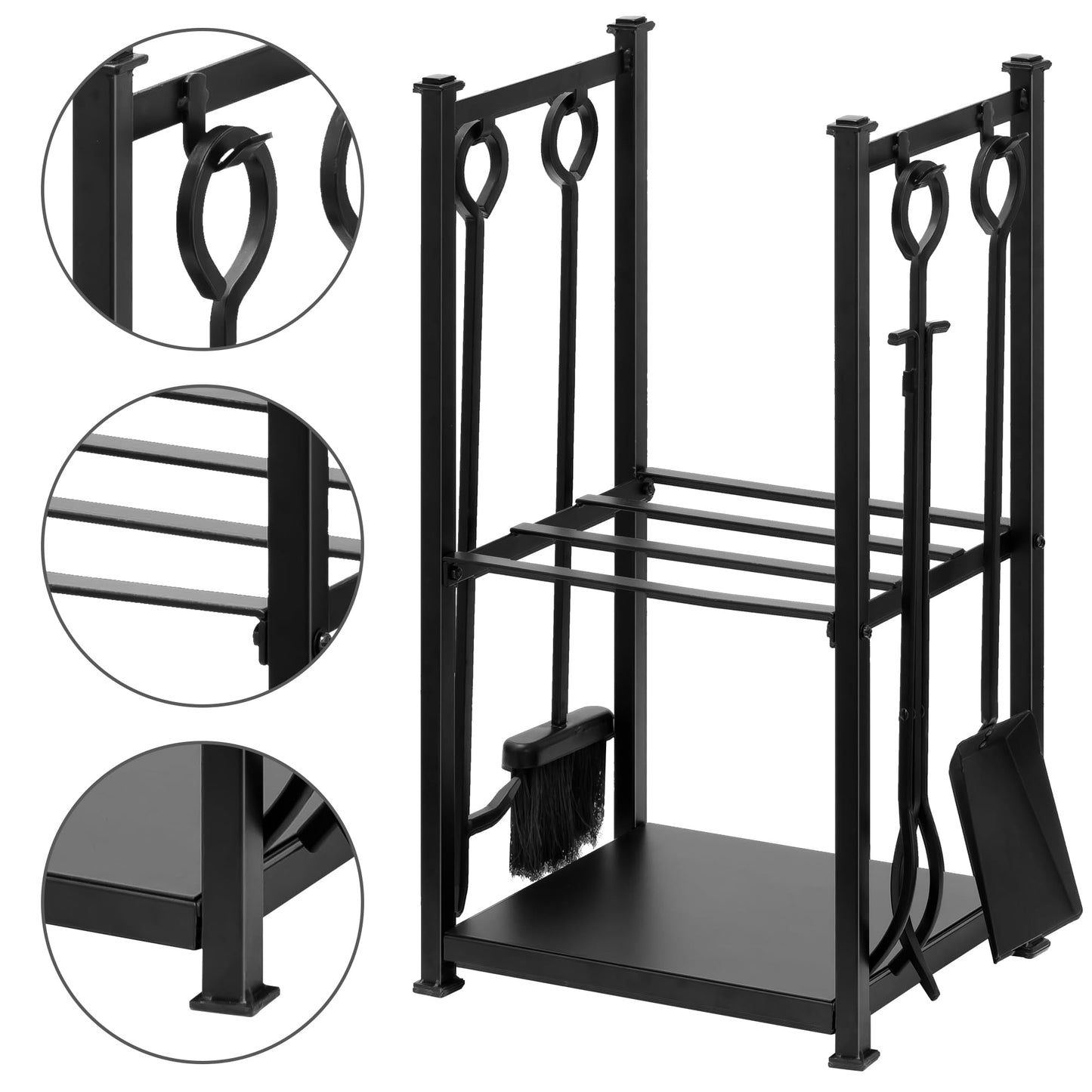 Amagabeli Fireplace Log Rack with 4 Fireplace Tools 72x46x30cm Indoor Firewood Stand Fireplace Log Rack Fireplace Tool Set Outdoor Wood Rack 2 Shelves Wrought Iron Firewood Rack Fireplace Tools Black