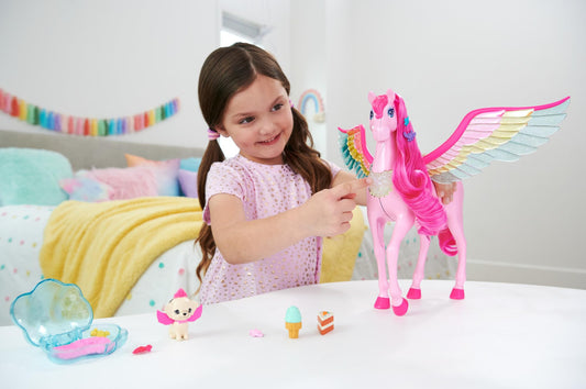 Barbie Hidden Magic Pegasus - Interactive toy with lights and sounds, 10 accessories, rainbow wings, for children 3+. Item number HLC41.