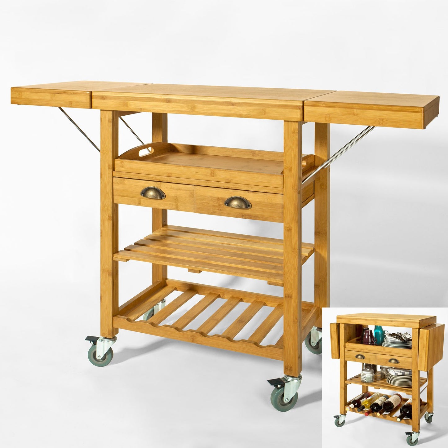 SoBuy bamboo kitchen trolley with wheels - kitchen cart with worktop, wooden side table with foldable shelf, kitchen trolley - ideal as a kitchen island in industrial design 135x92x37cm FKW25-N.