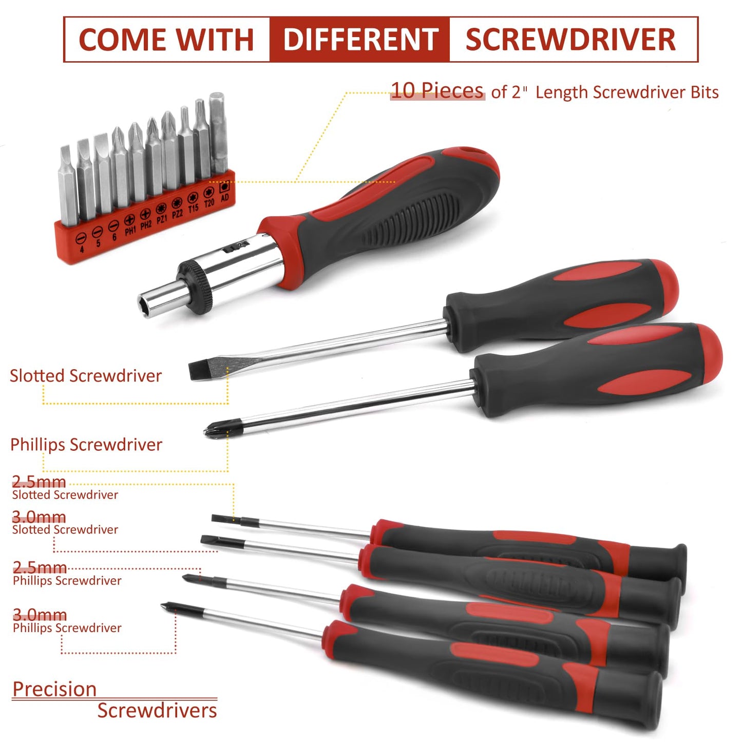 Sundpey Tool Set 148pcs - Household tool box with ratchet screwdriver, hex key, pliers & voltage tester for Men and Women Red